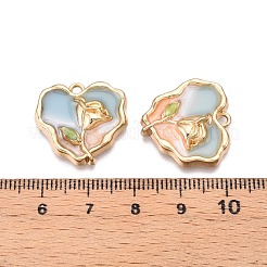 メッキ合金エナメルチャームラック  カドミウムフリー＆ニッケルフリー＆鉛フリー  ライトゴールド  花のチャーム入りハート  ライトブルー  20x21x4mm  穴：1.6~1.8mm&nbsp;ENAM-N056-410A
