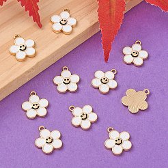 合金エナメルチャーム  ゴールドカラー  笑顔のチャーム付きフラワー  ホワイト  15x14x2mm  穴：1.4mm&nbsp;ENAM-YW0002-25A