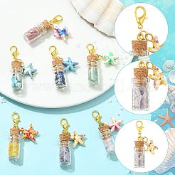 7個 7色のガラス製ウィッシングボトル & 宝石チップ & 合成ターコイズヒトデペンダントデコレーション  合金製カニカン付き  ゴールドカラー  38mm  1pc /カラー&nbsp;HJEW-FS00112