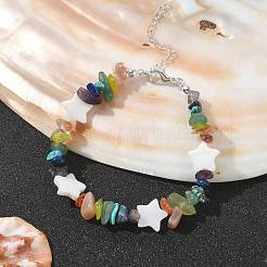 Natural Mixed Gemstone Chips & Shell Star Beaded Bracelet&nbsp;BJEW-TA00429