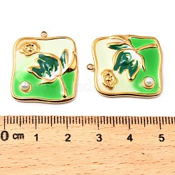 304ステンレススチールエナメルペンダント  ABSイミテーションパール付き  花のチャーム付きスクエア  ゴールドカラー  春の緑  25x22x4mm  穴：1.4mm&nbsp;STAS-Z145-10G-02