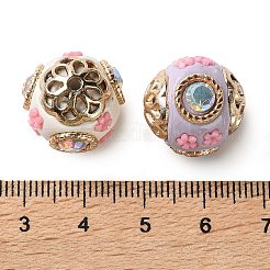 手作りポリマー粘土インドネシアビーズ  花の丸  合金コア、樹脂、樹脂ラインストーン付き  ライトゴールド  ミックスカラー  16~18x17mm  穴：2mm&nbsp;IPDL-H001-06KCG