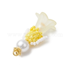 ガラスシードビーズの花の置物ペンダント  ガラスパールとアクリル  きいろ  33x18x17.5mm  穴：2.5mm&nbsp;PALLOY-MZ00686-01