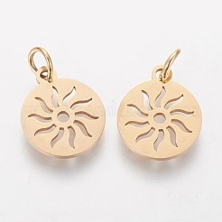 PVD真空メッキ304ステンレスペンダント  長持ちメッキ  太陽とフラットラウンド  ゴールドカラー  14x12x1.1mm  穴：3mm&nbsp;X-STAS-Q201-T449G