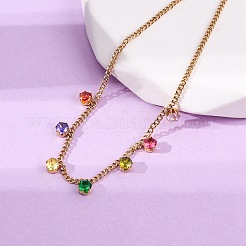 304ステンレススチールチャームブレスレット  女性用カーブチェーンブレスレット  フラットラウンド  キュービックジルコニア付き  ゴールドカラー  カラフル  6-1/2インチ（16.5cm）&nbsp;BJEW-A047-02G