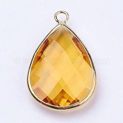 ゴールデントーン真鍮ガラスティアドロップペンダント  多面カット  きいろ  18x10x5mm  穴：2mm&nbsp;GLAA-M006-A-20G