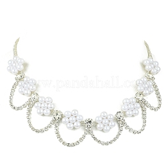 Plastic Pearl Beaded Flower Tassel Iron Crystal Rhinestone Tennis Bib Necklaces for Women&nbsp;NJEW-JN06129