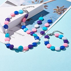 アクリルビーズジュエリーセット  フラットラウンドビーズネックレス＆ブレスレットと女性のための長いダングルピアス  カラフル  16.33インチ（41.5cm）  7.60インチ（19.3cm）  93mm  ピン：0.6mm&nbsp;SJEW-JS01224