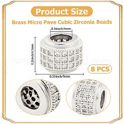 真鍮マイクロパヴェキュービックジルコニアビーズ8個  コラム  プラチナ  9x6.5mm  穴：4mm&nbsp;ZIRC-BBC0003-55P