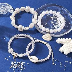 4 個 4 スタイル ABS プラスチック模造パールビーズストレッチブレスレットセット  天然シェルチャーム付き重ね付けブレスレット  貝殻色  内径：2~2-1/8インチ（5.2~5.4cm）  1個/スタイル&nbsp;BJEW-JB10104