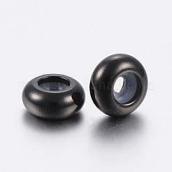 202ステンレスビーズ  プラスチック付き  スライダービーズイオンプレーティング(IP)  ロンデル  電気泳動黒  7x3.5mm  穴：1mm&nbsp;STAS-F148-7mm-07B