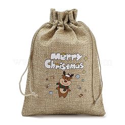 クリスマスプリントの黄麻布の梱包ポーチ、巾着袋  長方形  淡い茶色  鹿  18x13x0.01cm&nbsp;ABAG-Q053-02B-05