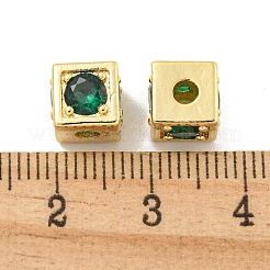 真鍮製マイクロパヴェグリーンキュービックジルコニアビーズ  キューブ  18KGP本金メッキ  6x6x6mm  穴：2.5mm&nbsp;KK-B096-20G