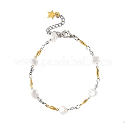女性用304ステンレススチールオーバルリンクチェーンブレスレット  白いナゲットシェルパールビーズ  ゴールデン·ステンレス鋼色  7.20インチ（18.3cm）&nbsp;BJEW-JB14165