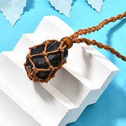 Natural Black Tourmaline Macrame Pouch Adjustable Slider Necklaces&nbsp;NJEW-M090-01