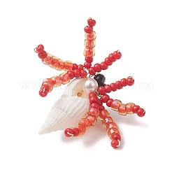 Natural Faceted Round Natural Black Spinel & Natural Trumpet Shell & Glass Seed Beaded Crab Pendants&nbsp;PALLOY-MZ01177