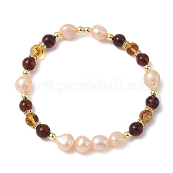 Natural Freshwater Pearl and Amber Beads Stretch Bracelets for Women&nbsp;BJEW-JB13723