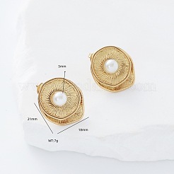 楕円形 304 ステンレススチール スタッド イヤリング  模造パールと  ゴールドカラー  21x18mm&nbsp;KJ0760