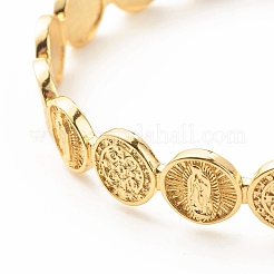 Brass Flat Round with Rosary Jesus Open Cuff Bangle for Women&nbsp;BJEW-B054-04G