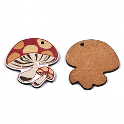 プリントバスウッドペンダント  バックランダムカラー  キノコ  レッド  36x37x3mm  穴：2mm&nbsp;X-WOOD-N006-48