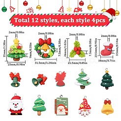 48個12スタイルのクリスマステーマ不透明樹脂ペンダント  プラチナメッキ鉄ループ付き  ミックスカラー  混合図形  20~35x16.5~31.5x2.5~9mm  穴：2x2~2.5mm  4個/スタイル&nbsp;RESI-SC0005-66