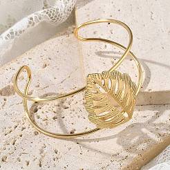 女性用304ステンレススチールカフバングル  葉  18KGP本金メッキ  内径：2-5/8インチ（6.55cm）&nbsp;BJEW-Z091-03G