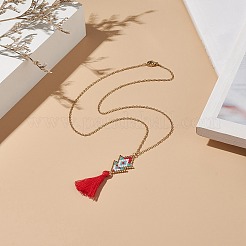 ガラスシード編み込みアロー タッセルペンダントネックレス  女性用ゴールデン 304 ステンレススチール ボヘミアン ジュエリー  レッド  17.64インチ（44.8cm）&nbsp;NJEW-MZ00010
