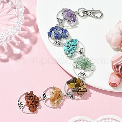 フラットラウンド、生命の木チベットスタイル合金ペンダント装飾  チャクラ合成＆天然混合宝石ビーズチップ付き  アンティークシルバー＆プラチナ  238mm  ツリー：29x26x5mm&nbsp;HJEW-JM01742-01