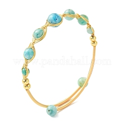 Herringbone Wire-Wrapped Natural Hemimorphite Brass Cuff Bangles&nbsp;BJEW-JB14039-02