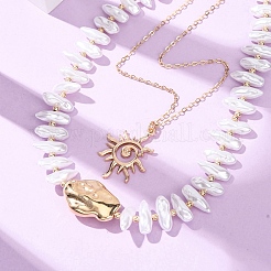CCB Plastic Sun Pendant Alloy & Imitation Baroque Keshi Pearl Double Layer Necklaces for Women&nbsp;NJEW-Z116-01G