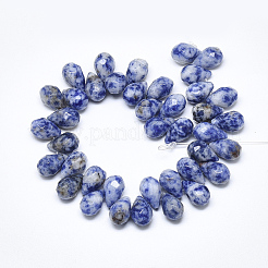 天然ブルースポットジャスパービーズ連売り  トップドリルビーズ  多面カット  ティアドロップ  9~9.5x6mm  穴：0.8mm  約44個/連  7.6インチ&nbsp;G-S357-C02-06