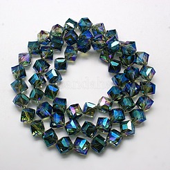 フル虹メッキクリスタルガラスキューブビーズ連売り  多面カット  濃い緑  12.6x13.8x10~11mm  穴：1.8mm&nbsp;X-EGLA-F023-B07