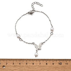 304ステンレススチール製バタフライリンクブレスレット  女性用アズキチェーンジュエリー  プラスチック製の模造パールビーズ付き  ステンレス鋼色  5-5/8インチ（14.2cm）&nbsp;BJEW-C098-01A-P