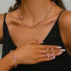 Flower Alloy Rhinestone Link Chain Necklaces & Bracelets & Stud Dangle Earrings Sets&nbsp;FS-WG778CB-01
