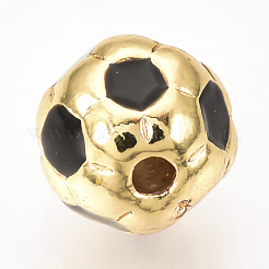 真鍮製エナメルビーズ  カドミウムフリー＆鉛フリー  サッカー/サッカーボール  ブラック  ゴールドカラー  10mm  穴：1.5mm&nbsp;KK-Q738-10mm-02G
