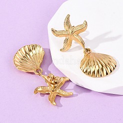 304 Stainless Steel Shell Shape with Starfish Shape Dangle Stud Earrings&nbsp;EJEW-Z135-02G-01