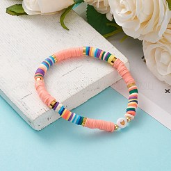 ポリマークレイヘイシビーズストレッチブレスレット  アクリルエナメルハートビーズと真鍮ビーズ付き  トマト  内径：2-1/4インチ（5.7cm）&nbsp;BJEW-JB05708-01