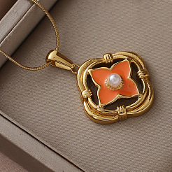 316 Surgical Stainless Steel Enamel with Imitation Pearl Clover Pendant Necklaces for Women&nbsp;LY2374