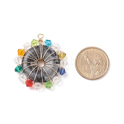 天然ラルビカイトペンダント  ドーナツ/パイディスクチャーム  カラフルなガラスビーズと本物の 18k 金メッキの銅線を巻き付けたもの  44x41x6.5mm  穴：3mm&nbsp;PALLOY-JF01755-02
