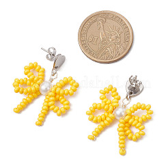 Heart with Bowknot Handmade Glass Seed Beads Dangle Stud Earrings&nbsp;EJEW-MZ00474-01