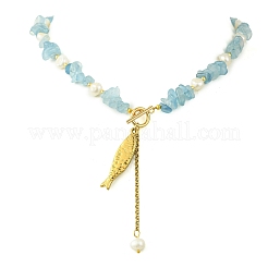 304 Stainless Steel Fish Pendant Natural Aquamarine Chip and Pearl Beaded Necklaces for Women&nbsp;NJEW-JN06299-02