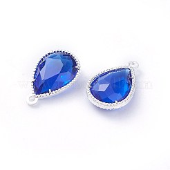 ガラスチャーム  環境に優しい合金のオープンバックベルゼルのパーツ  多面カット  ティアドロップ  銀色のメッキ  ブルー  18x12x5mm  穴：1.4mm&nbsp;X-GLAA-A037-G-01S
