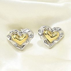 304ステンレススチールツートンスタッドピアス  18KGP本金メッキ＆プラチナ  ハート  23x27mm&nbsp;EJEW-A124-01A