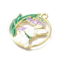 合金エナメルチャーム  ウサギと花のチャーム付きリング  ゴールドカラー  ライラック  30x26.5x3mm  穴：2.5mm&nbsp;LS-FIND-G090-03B-03