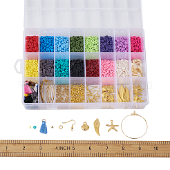 DIYダングルピアス作り  手作り樹脂粘土ビーズ  混合カウリーシェルビーズ  合金のチベット風チャーム  真鍮スペーサービーズと真鍮ピアスフック  ゴールドカラー  19x13x3.6cm&nbsp;DIY-TA0002-68