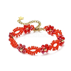 女性のためのガラスシードビーズブレスレット  花  ガラスと  レッド  6-1/2インチ（16.6cm）&nbsp;BJEW-MZ00143