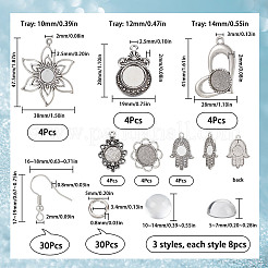 DIYのブランクドームイヤリング製作キット  花とハムサの手の合金ペンダント、トレイ付き  半円形のガラスカボション  真鍮のピアスフック  アンティークシルバー＆プラチナ  108個/箱&nbsp;DIY-SC0021-60