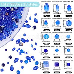 透明ガラスビーズ  多面カット  混合図形  ブルー  3~8x3~8x3~8mm  穴：0.4~1.2mm  900個/セット&nbsp;GLAA-SP0001-50B