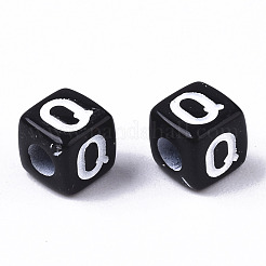 不透明なアクリルビーズ  水平穴  アルファベットスタイル  キューブ  ブラック＆ホワイト  文字.q  5x5x5mm  穴：2mm  約180個/18g&nbsp;X-SACR-N002-01Q