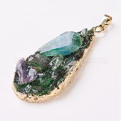 天然クォーツ大きなペンダント  真鍮パーツ  ゴールドカラー  ナゲット  グリーン  59~64x22~27x8~13mm  穴：4.5x7.5mm&nbsp;G-K188-02B